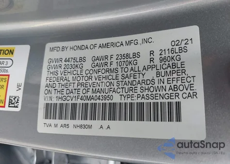 2021 Honda Accord Sport Special Edition from USA, damaged, VIN 1HGCV1F40MA043950